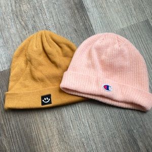 Set of 2 Beanies - Pink Champion & Brown Smiley Face Warm Soft Cozy One Size